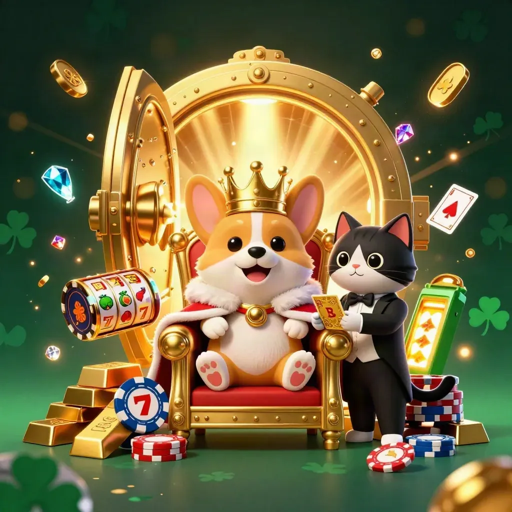 Royal corgi king and cat butler amid treasure vault, gold, slot reels, and casino glow.
