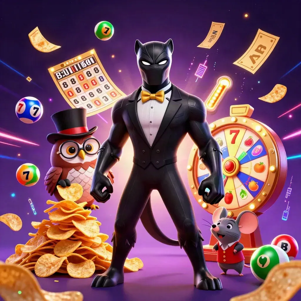 Panther, owl, and mouse amid chips, reels, lottery balls, and neon casino magic