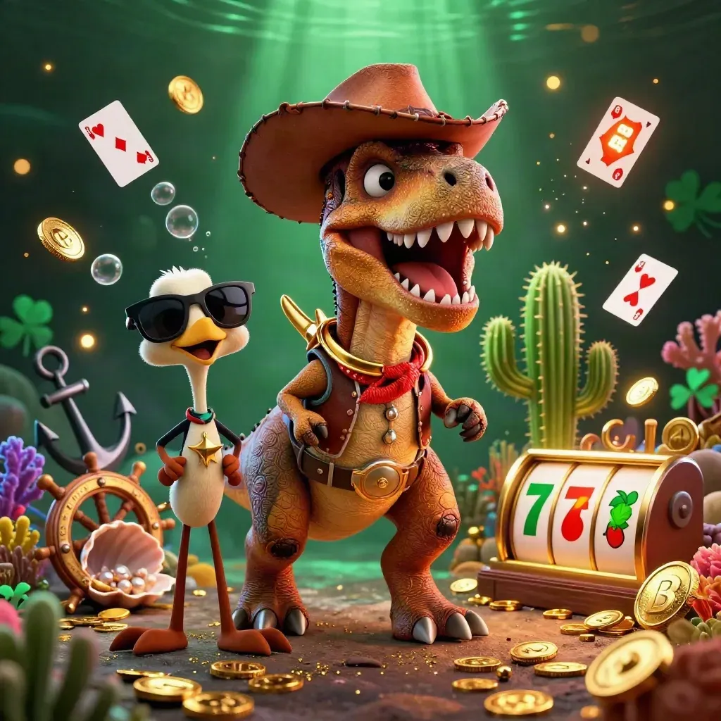 Cowboy T-Rex, cactus sidekick, and roadrunner amid gold coins, reels, and treasure glow.
