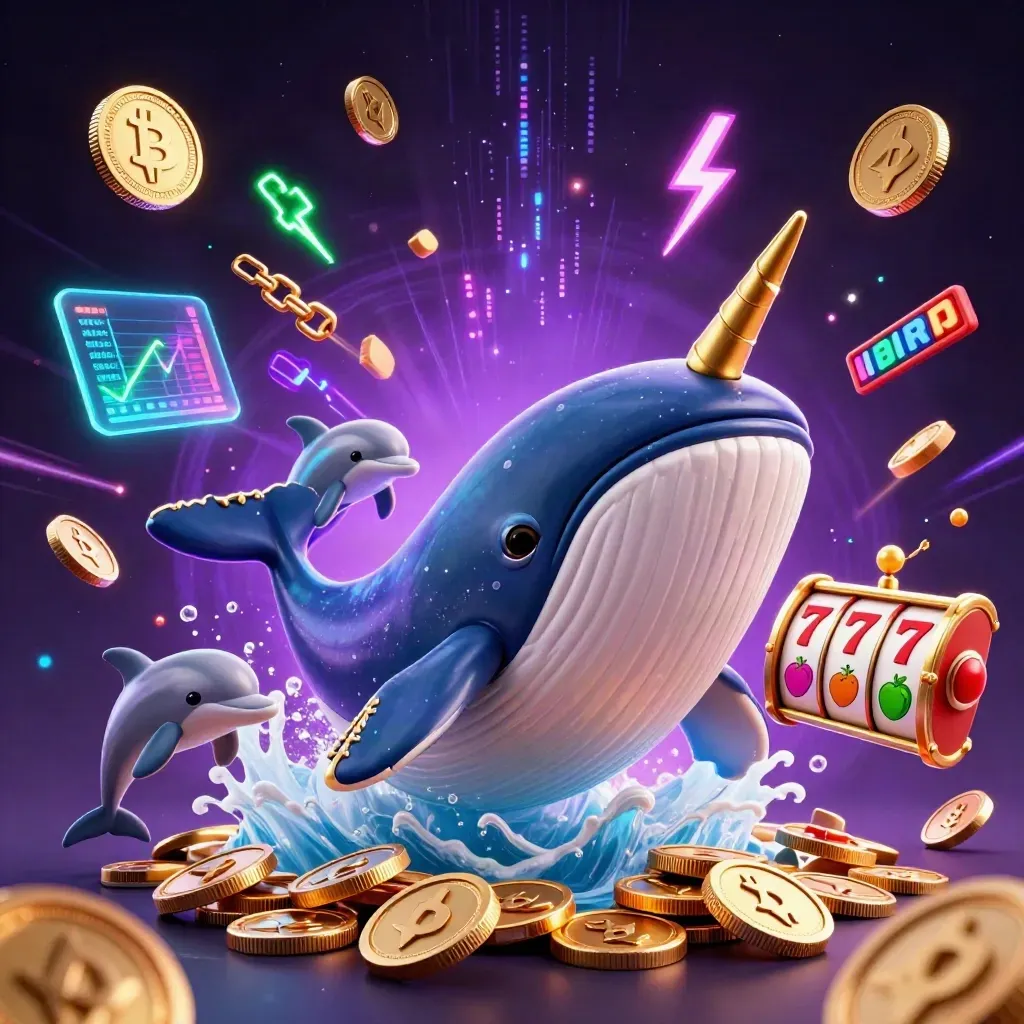 Whale captain, narwhal, dolphins, coins, neon crypto symbols, and casino reels in a purple-black glow.
