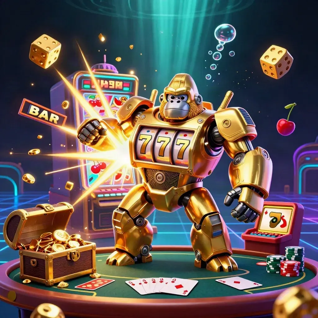 Golden gorilla mech with monkey pilot amid slots, poker chips, and jackpot glow.