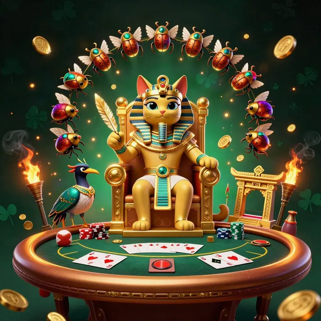 Pharaoh cat on a gold throne with ibis scribe, scarabs, chips, and neon casino glow.