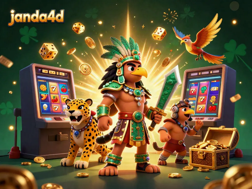 janda4d menampilkan simbol jackpot dan kasino modern dalam ilustrasi 3D yang dinamis