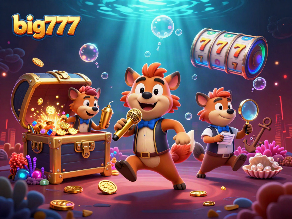 big777 players enjoying a vibrant comedy casino club with hyenas and slot machines, immersive atmosphere