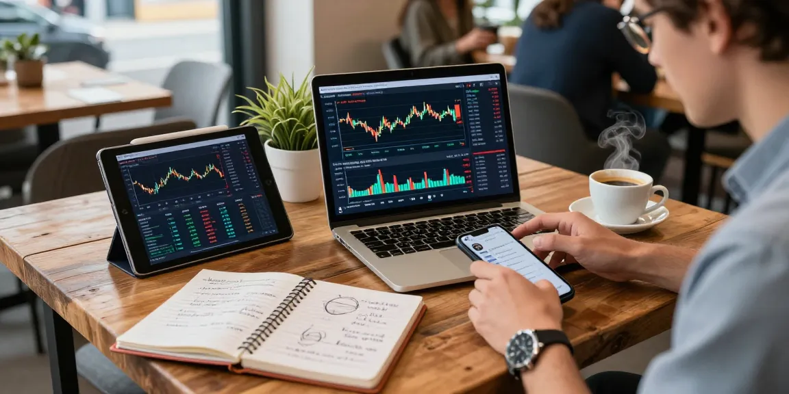 Cricbet cryptocurrency trading scene in a coffee shop with live Bitcoin charts, DeFi insights, and digital wallet on display.