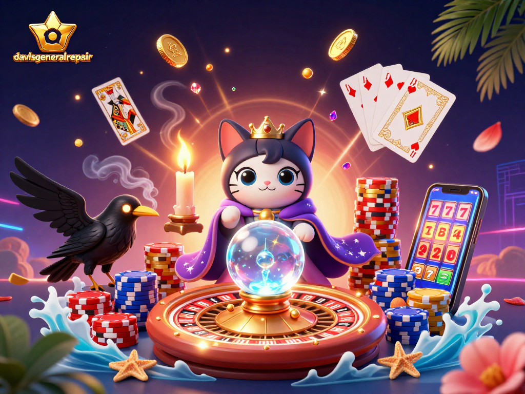 Davisgeneralrepair showcases a vibrant casino scene with a fortune teller cat, glowing raven, and mystical elements creating a vivid gaming atmosphere.