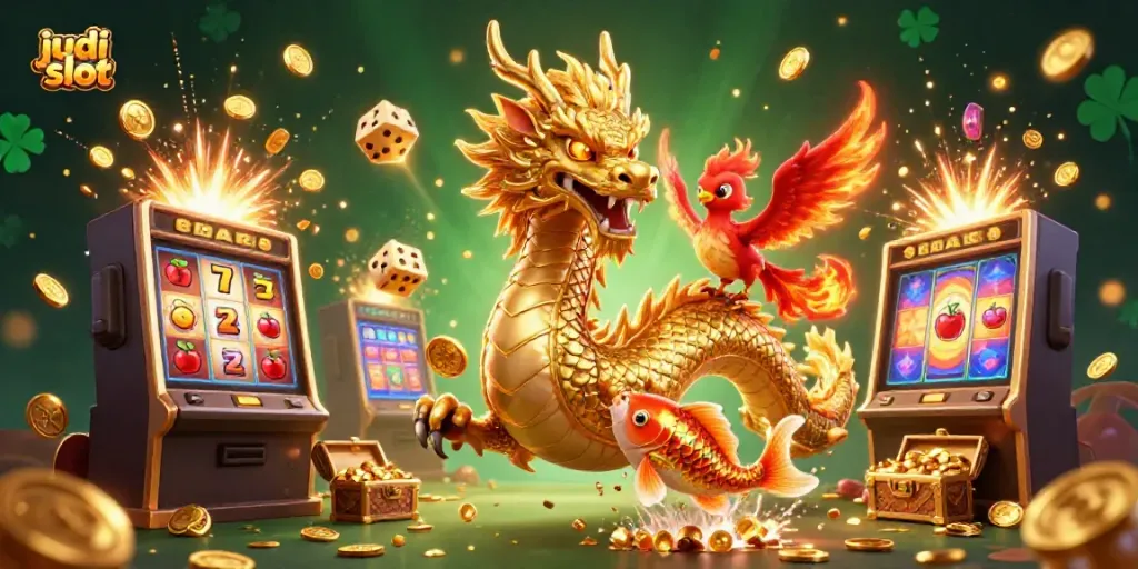 Permainan judi slot yang meriah dengan naga emas dan phoenix di tengah hujan koin.