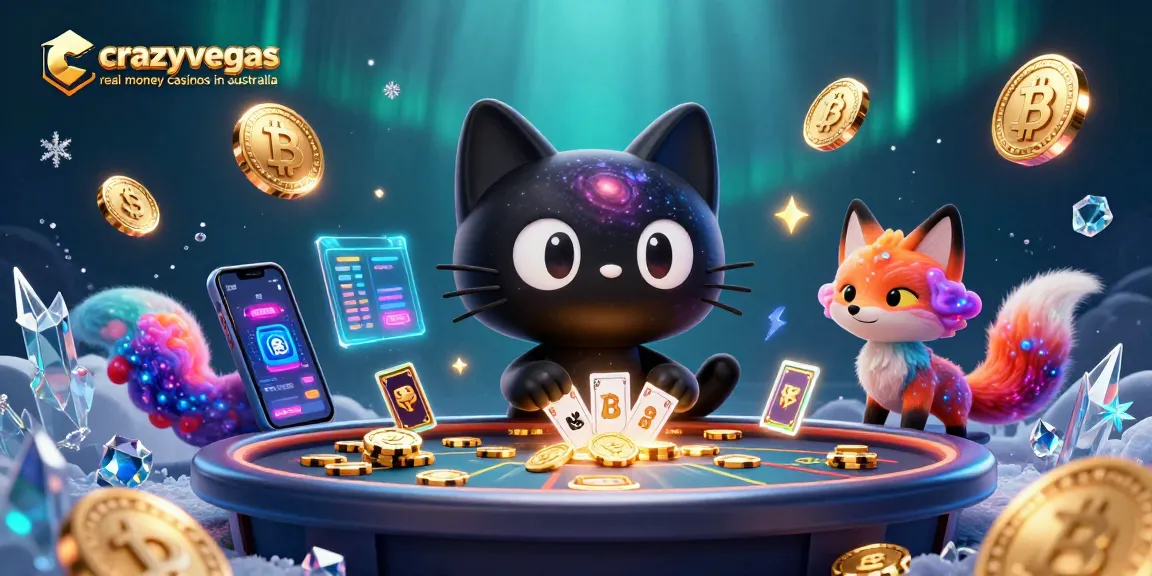 Engage with crazyvegas real money casinos in australia at a cosmic casino with vibrant characters and crypto elements.