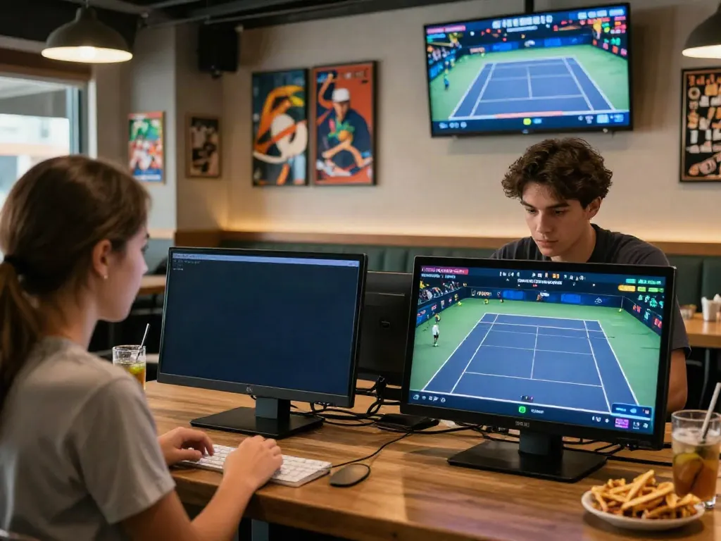 Engaged sports bettors at a lively bar placing bets on tennis matches, showcasing the excitement of statymuzona.