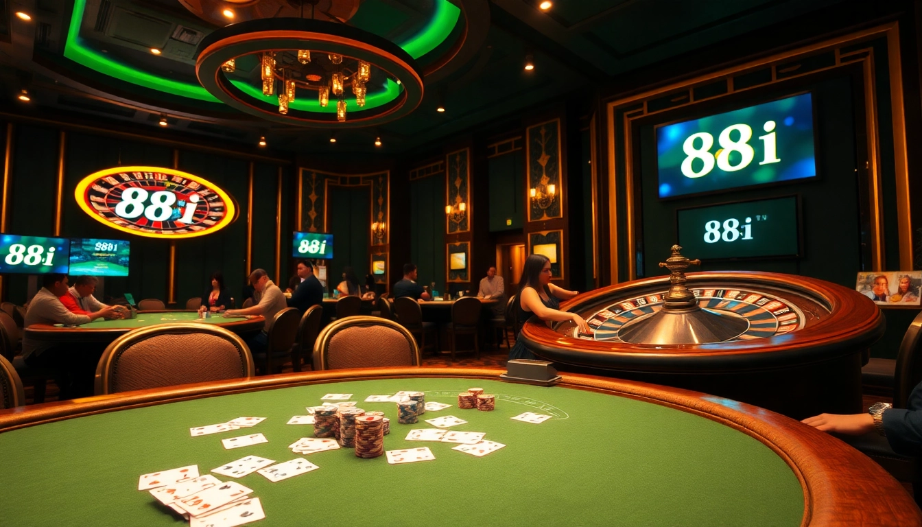 Players engaging in a thrilling poker game at an 88i casino table, chips and cards in action.