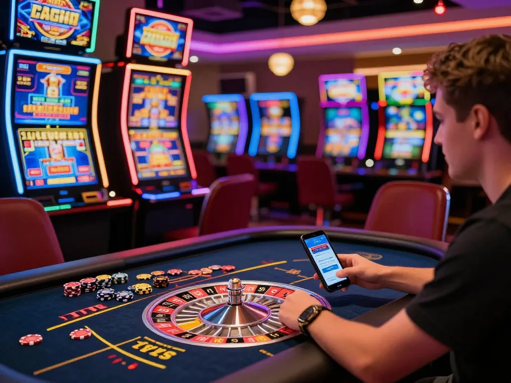Exciting secret giris into online casino with a player at a live dealer table surrounded by vibrant slot games and dynamic lighting.