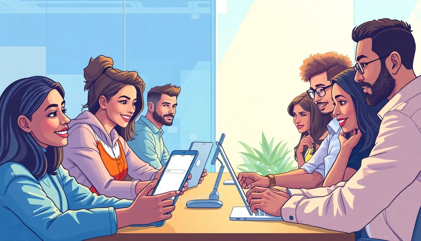 OnlyFans Nearby Creators search scene with diverse individuals engaged in browsing the platform.