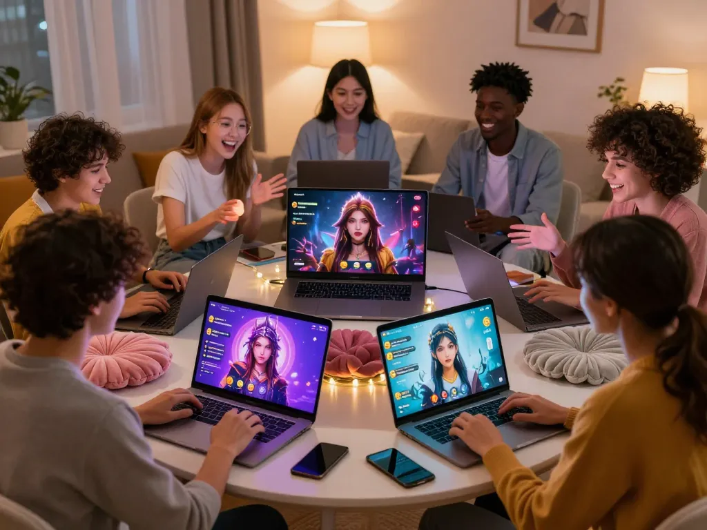 Interactive sex chat AI companions in a cozy online chat room environment showcasing customizable avatars and lively conversations.