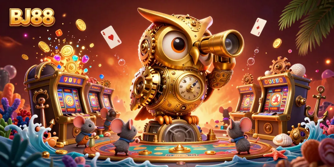 Experience thrilling gameplay at BJ88 with a clockwork owl overseeing vibrant casino action.