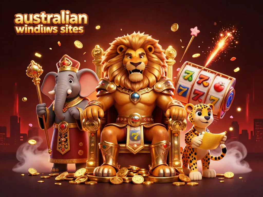 Experience thrilling gameplay at australian windows casino sites with a majestic lion king, spinning slots, and festive elements.