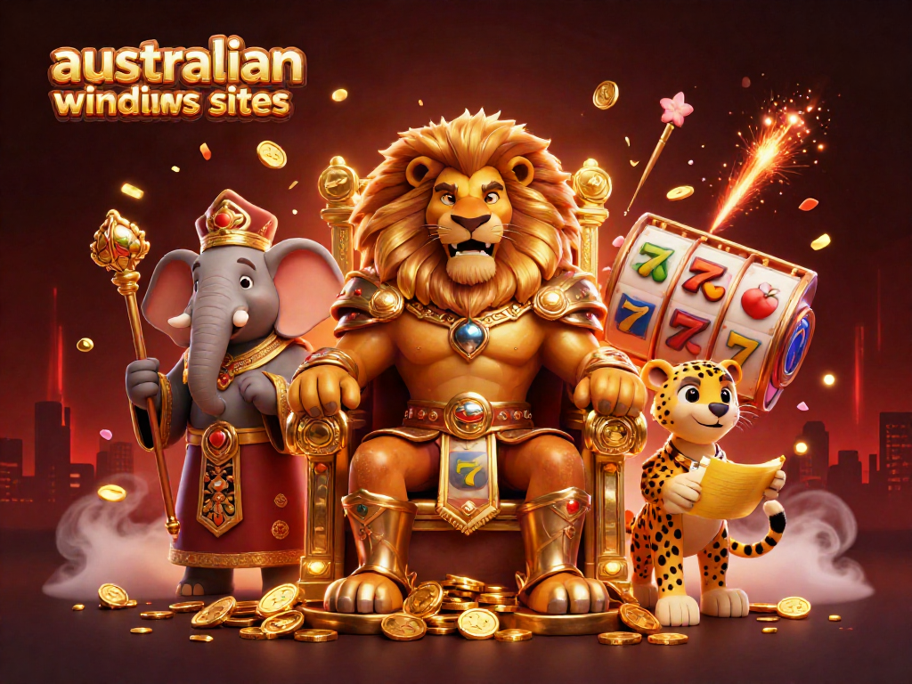 Experience thrilling gameplay at australian windows casino sites with a majestic lion king, spinning slots, and festive elements.