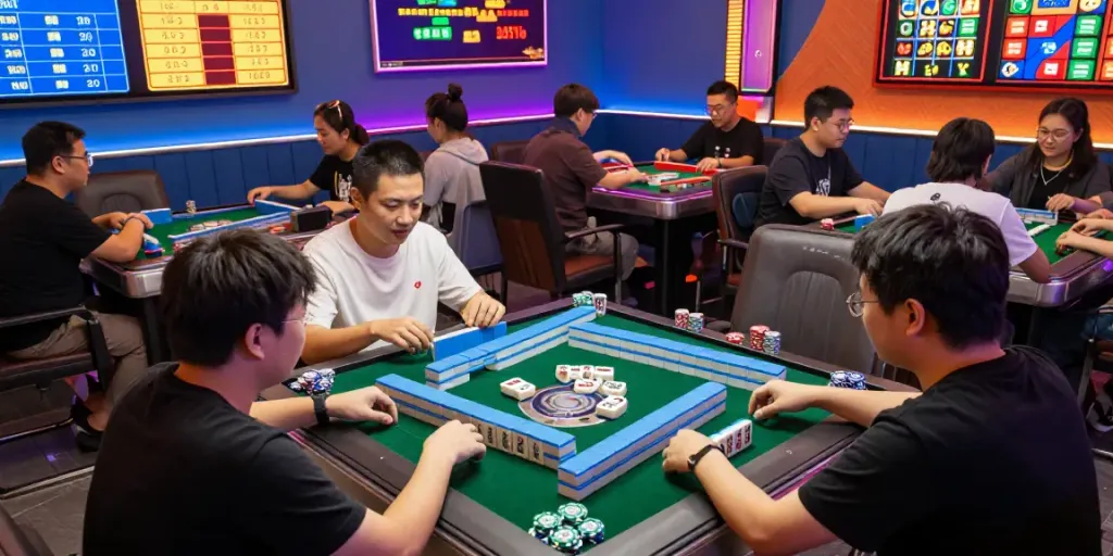 Pengalaman bermain Mahjong slot yang seru dengan pemain dan layar permainan berwarna-warni.