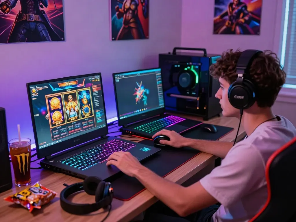 Player engaged with akunjp slot game on a vibrant gaming setup.