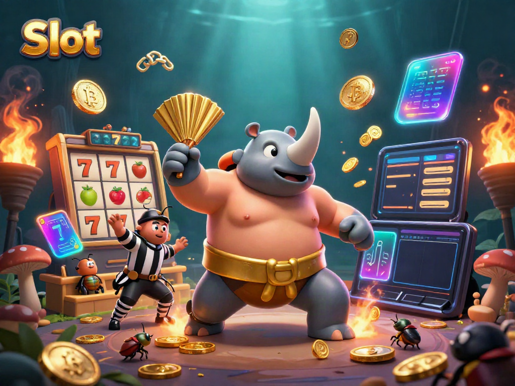 Slot bermain penuh semangat dengan badak rhinoceros dan koin emas terbang di atasnya.