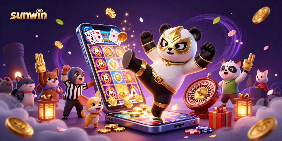 Engage with sunwin in this vibrant 3D casino scene filled with excitement, animated characters, and slot game elements.