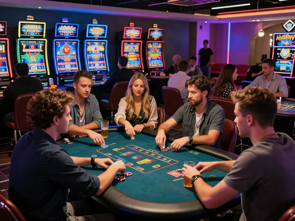 Players enjoy akunjp gambling games in a lively casino setting, surrounded by vibrant lights and action.