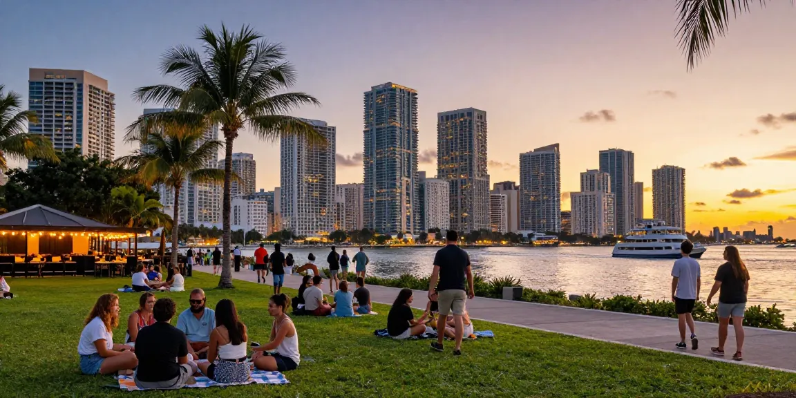 Aktivitas outdoor di taman tepi laut Miami, menampilkan pemandangan indah dan suasana ceria.
