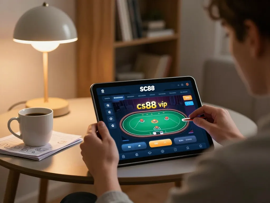 Engaging in cs88 vip poker on a tablet in a cozy home setup, highlighting strategic gameplay.