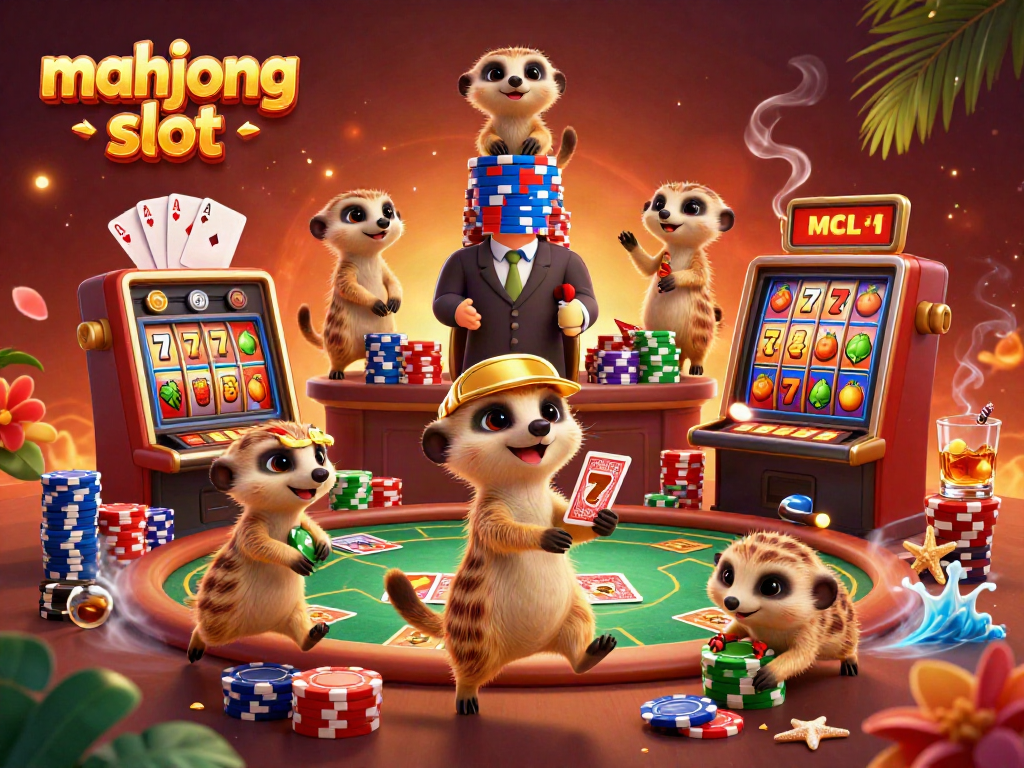 Experience the excitement of mahjong slot with playful meerkats amid vibrant casino elements.