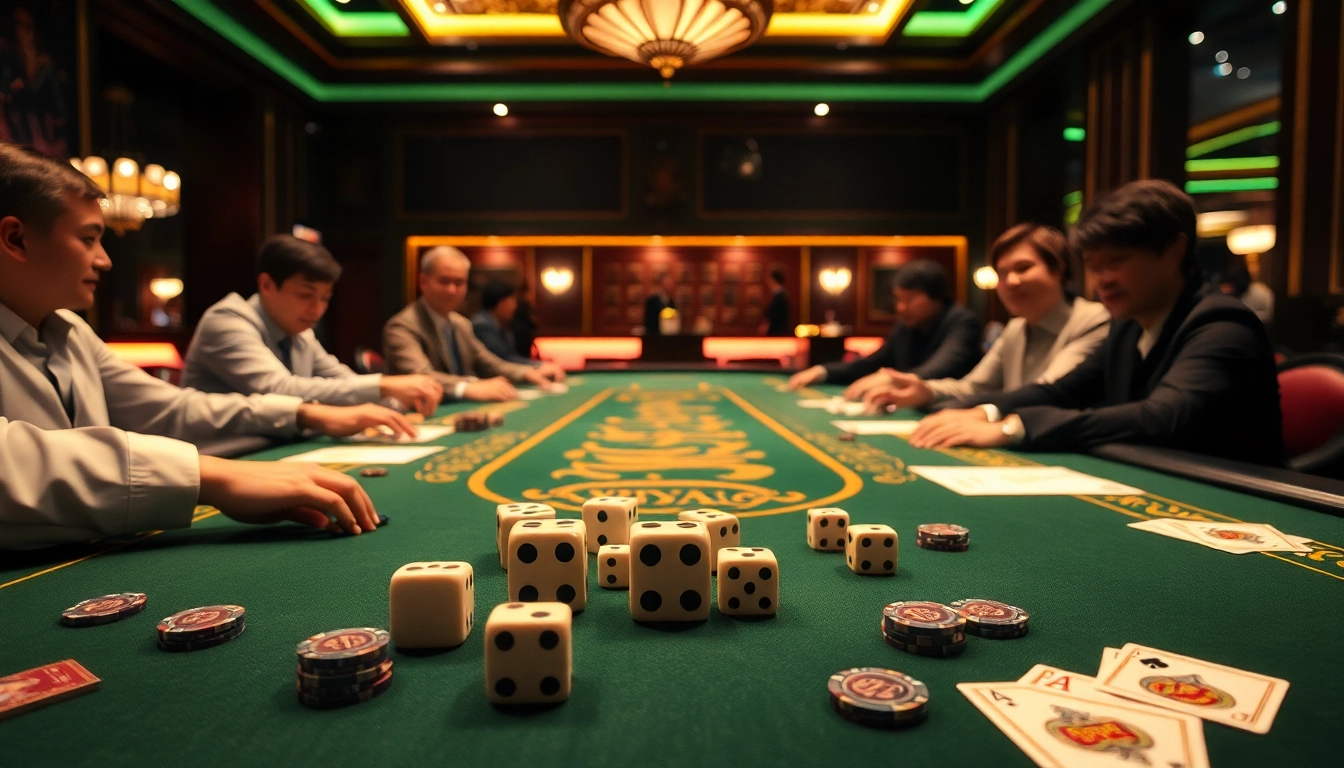 Players engaging in a thrilling game tài xỉu at an upscale casino table full of excitement.