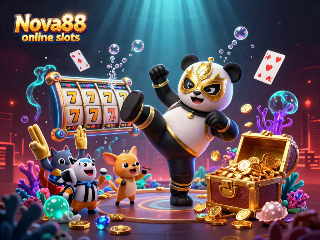 Experience exciting wins with Nova88 online slots as a panda wrestler kicks through a dynamic casino scene.