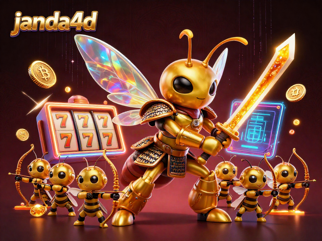 Permainan slot online di JANDA4D dengan simbol keberuntungan 7 dan koin cryptocurrency bersinar di latar belakang.