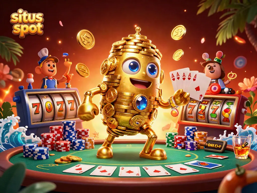 Permainan situs slot dengan simbol slot dan golem emas berlayar di atas meja poker.