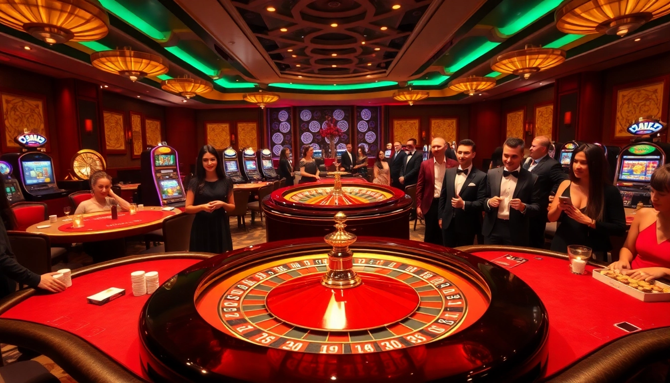 A vibrant casino scene representing 79king with players at roulette and slot machines.