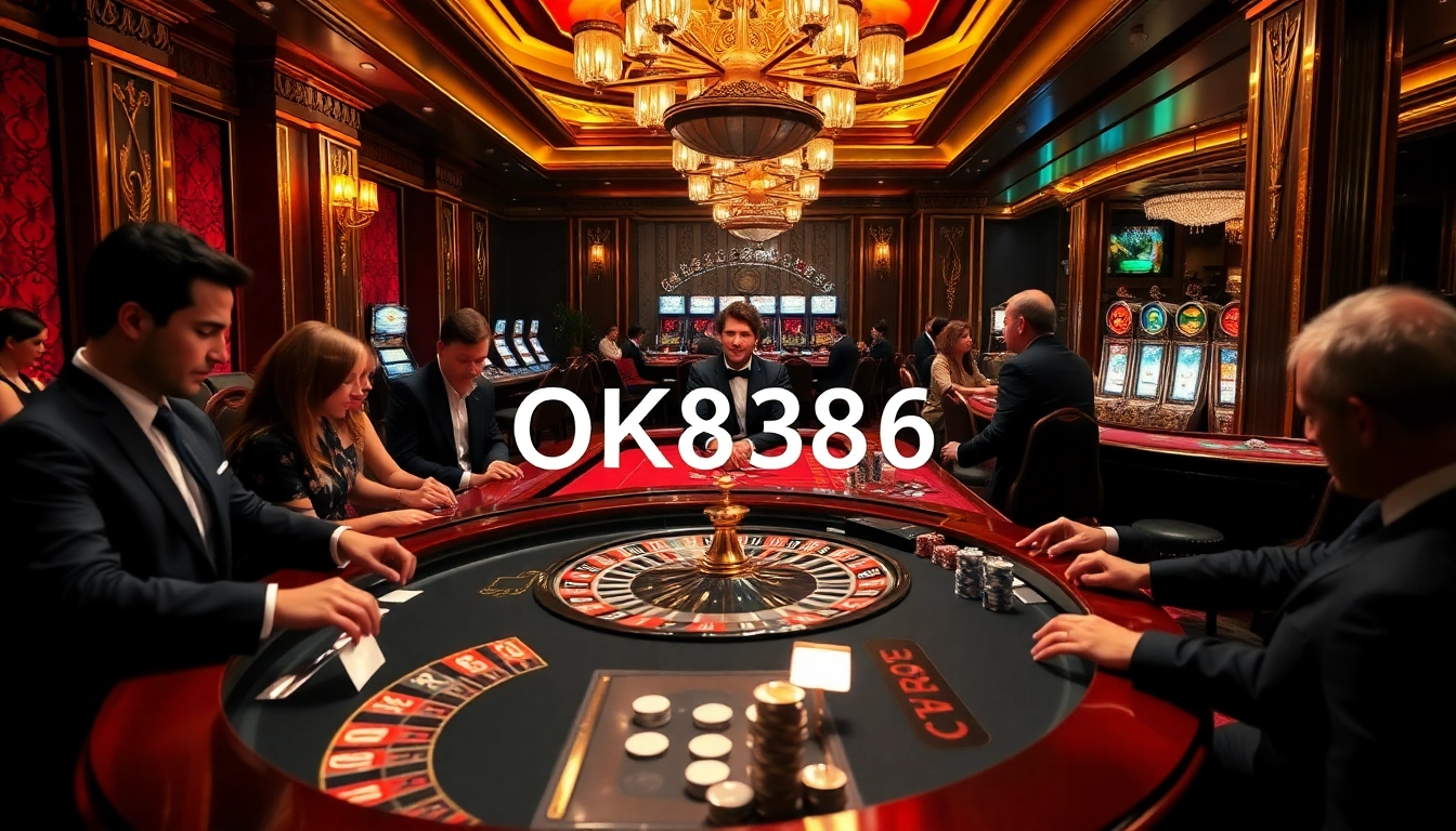 Gamblers enjoying a thrilling casino atmosphere at OK8386, with roulette, poker, and vibrant slot machines.