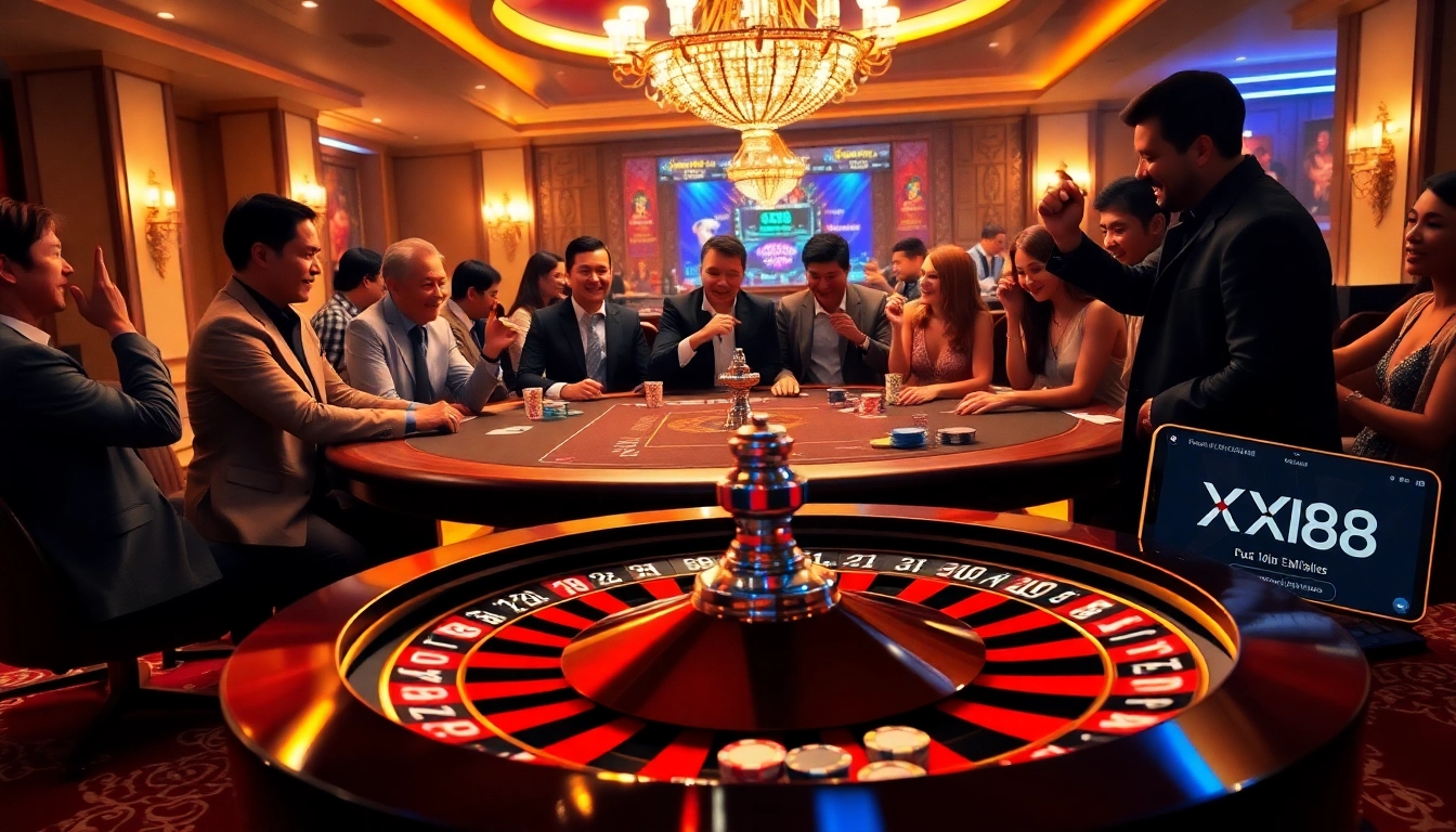 Players enjoying a high-stakes poker game at XX88 casino, showcasing excitement and thrilling visuals.