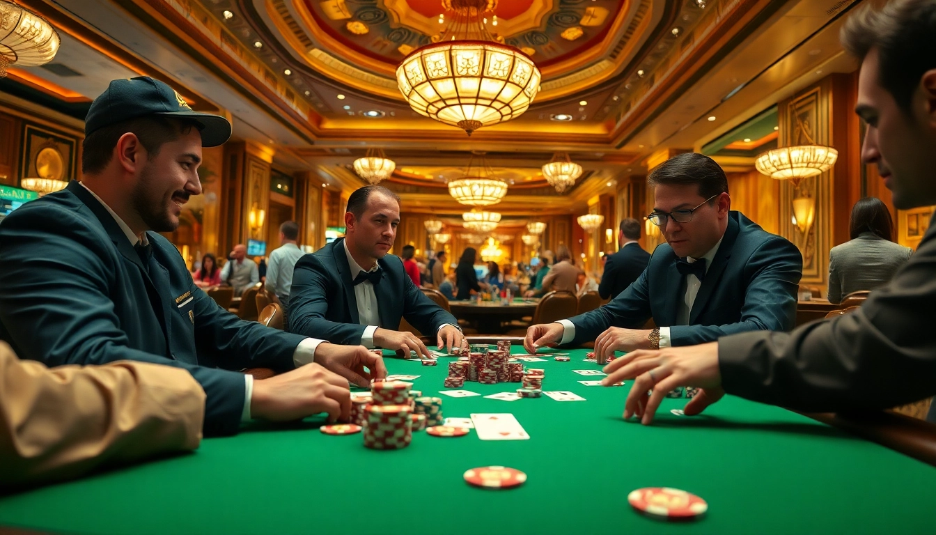 Casino players strategizing at a poker table with vibrant colors and energetic atmosphere.