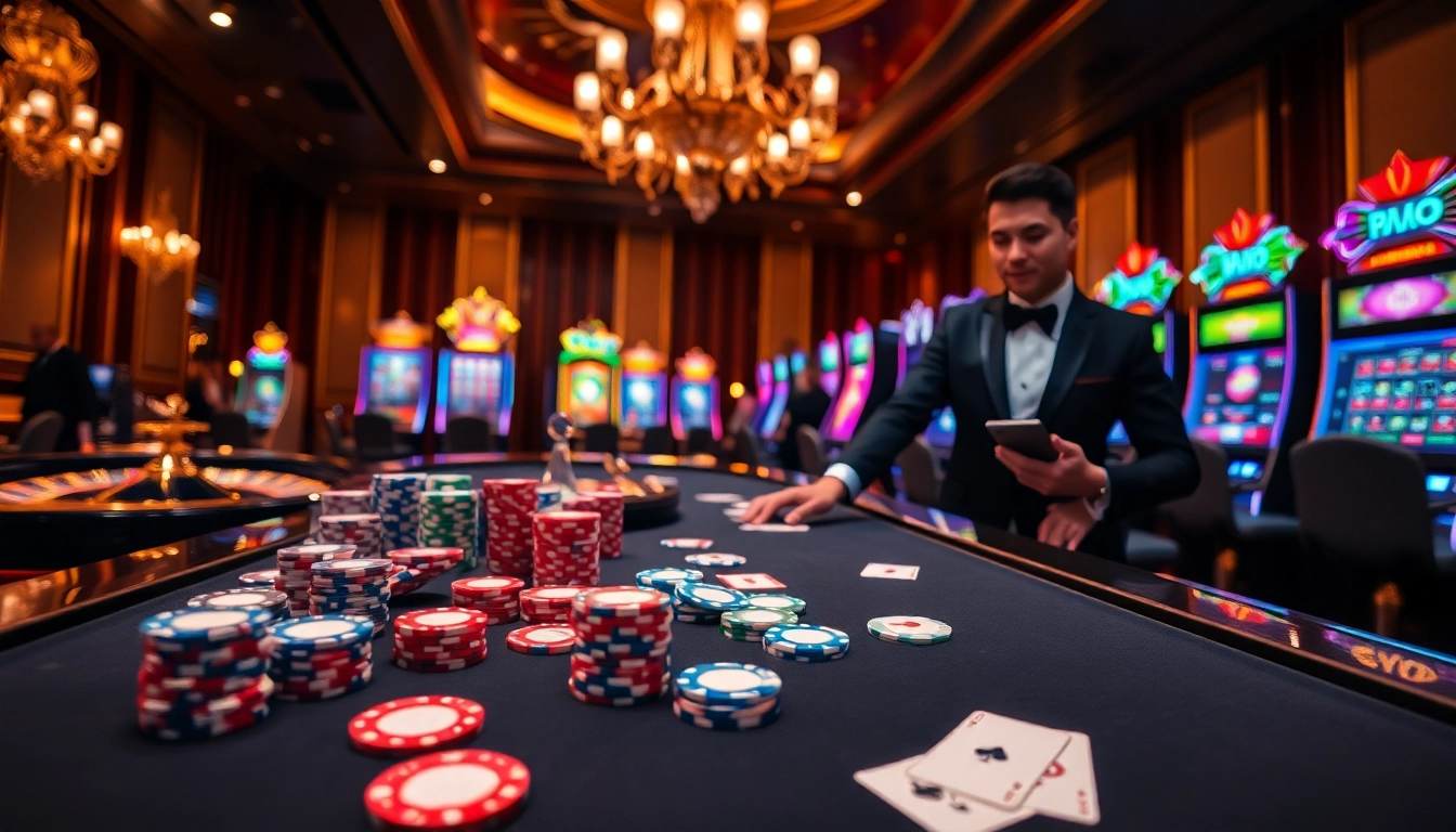 Experience the thrill of gambling at nhà cái mm88 with vibrant casino visuals, poker chips, and slot machines.