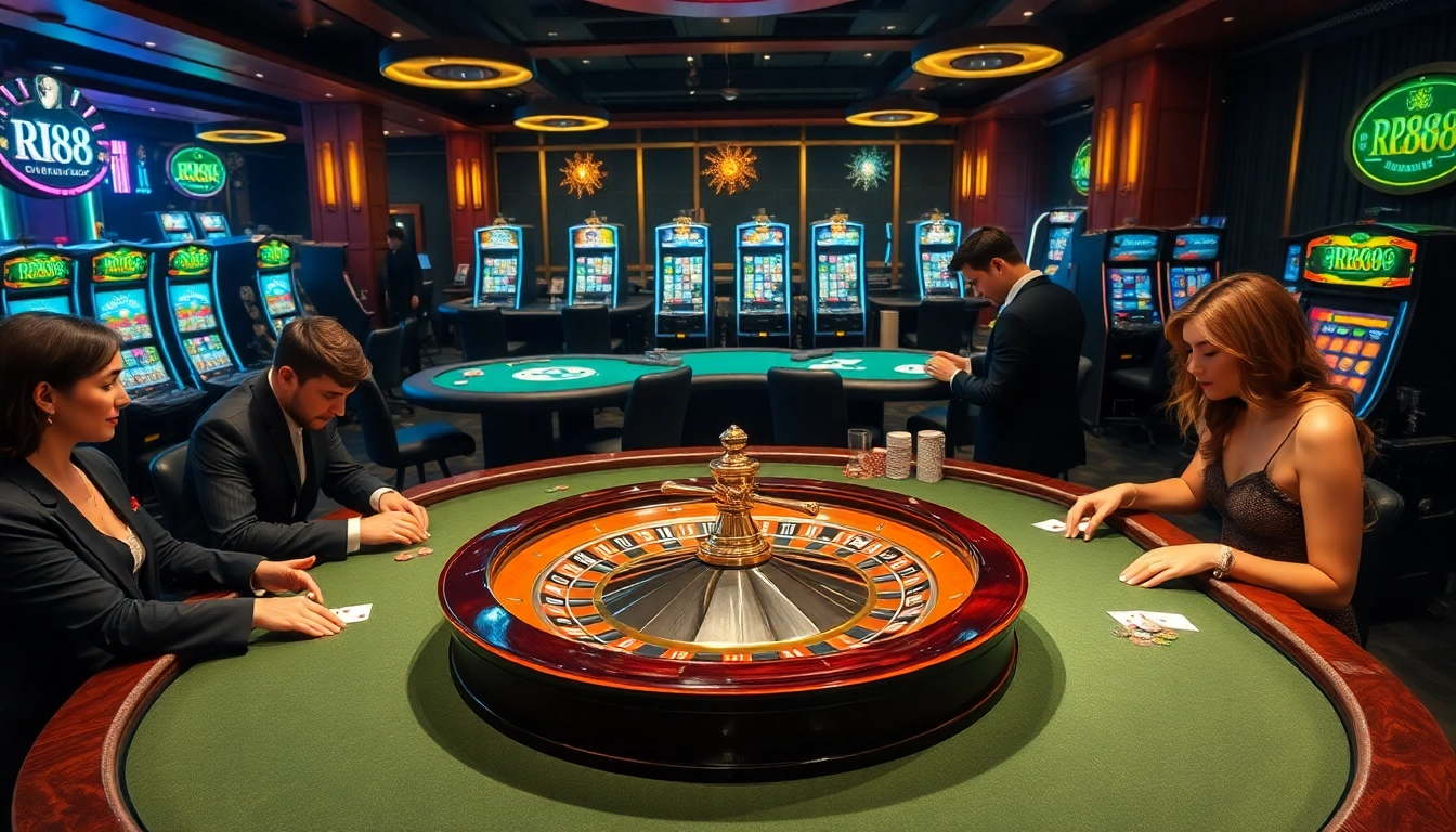 Experience the excitement of RR88 with luxury casino tables and a vibrant roulette wheel.