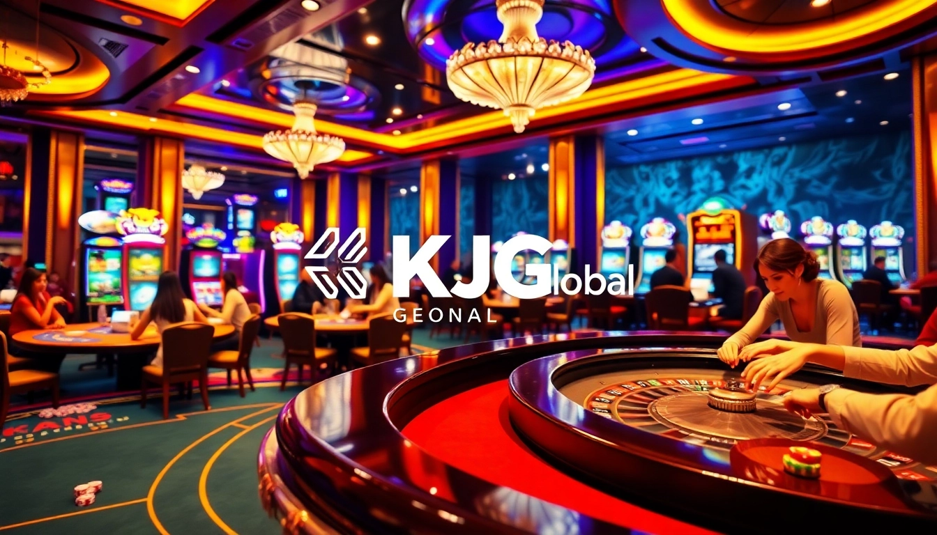 KJC Global casino scene showcasing vibrant gaming tables and slot machines, reflecting luxury and excitement.