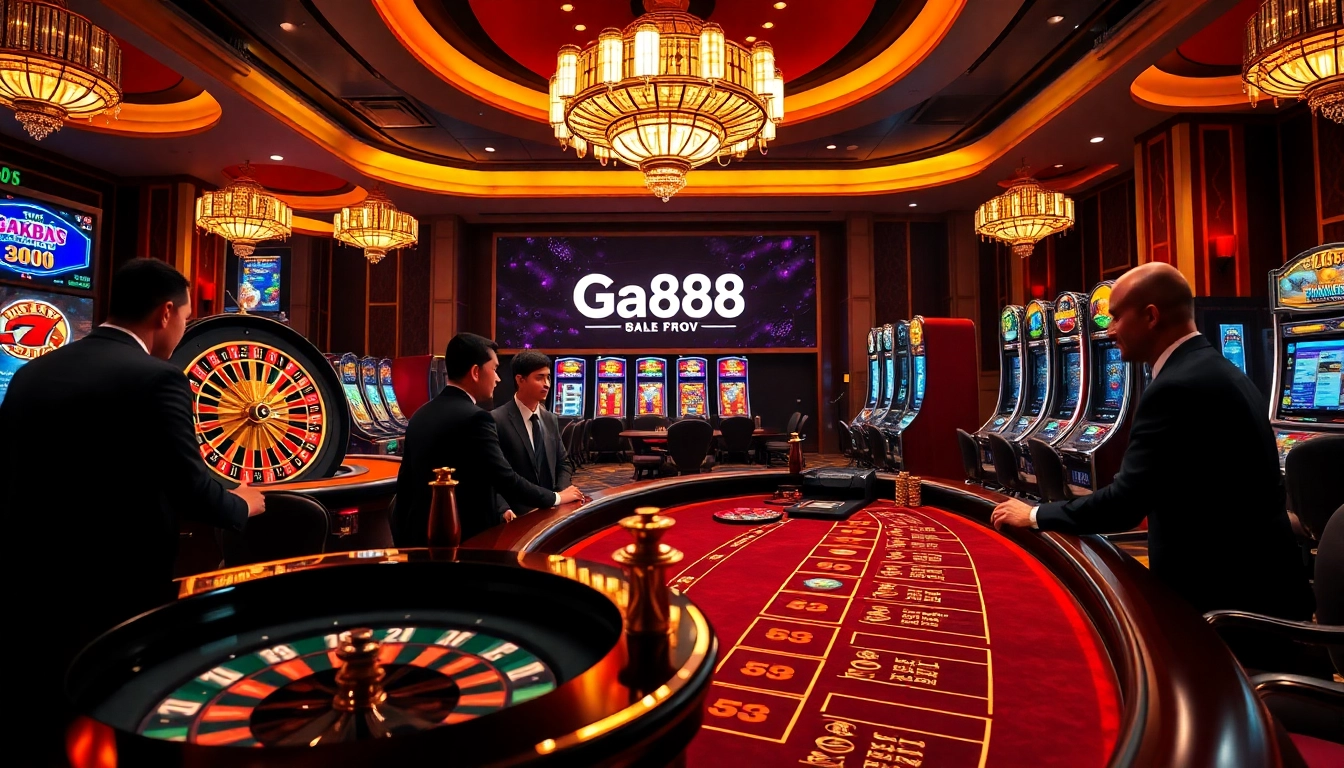 Experience the thrill of Ga888 as players enjoy lively casino games with vibrant chips and tables.