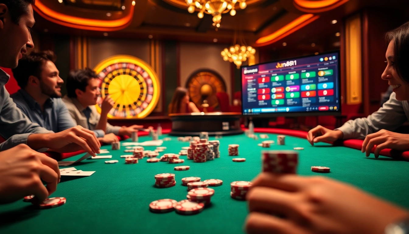 Experience the thrill of poker and roulette at jun881, where players are engaged at a high-stakes table.