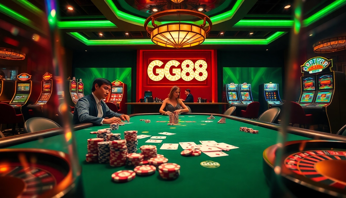 Experience the thrill of GG88 with vibrant casino tables, poker chips, and luxurious gambling atmosphere.