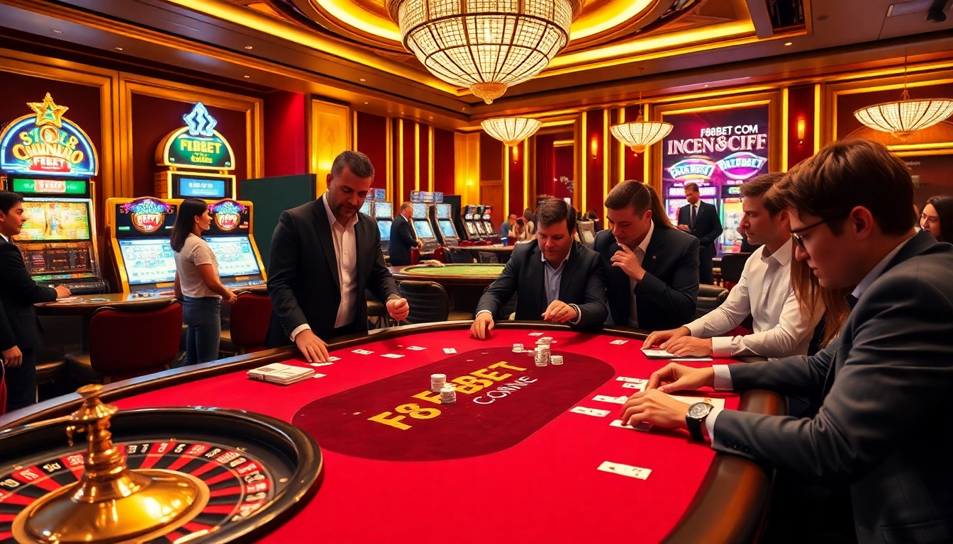 Engage with thrilling games at F8BET COM featuring poker, roulette, and slot machines in a vibrant casino setting.
