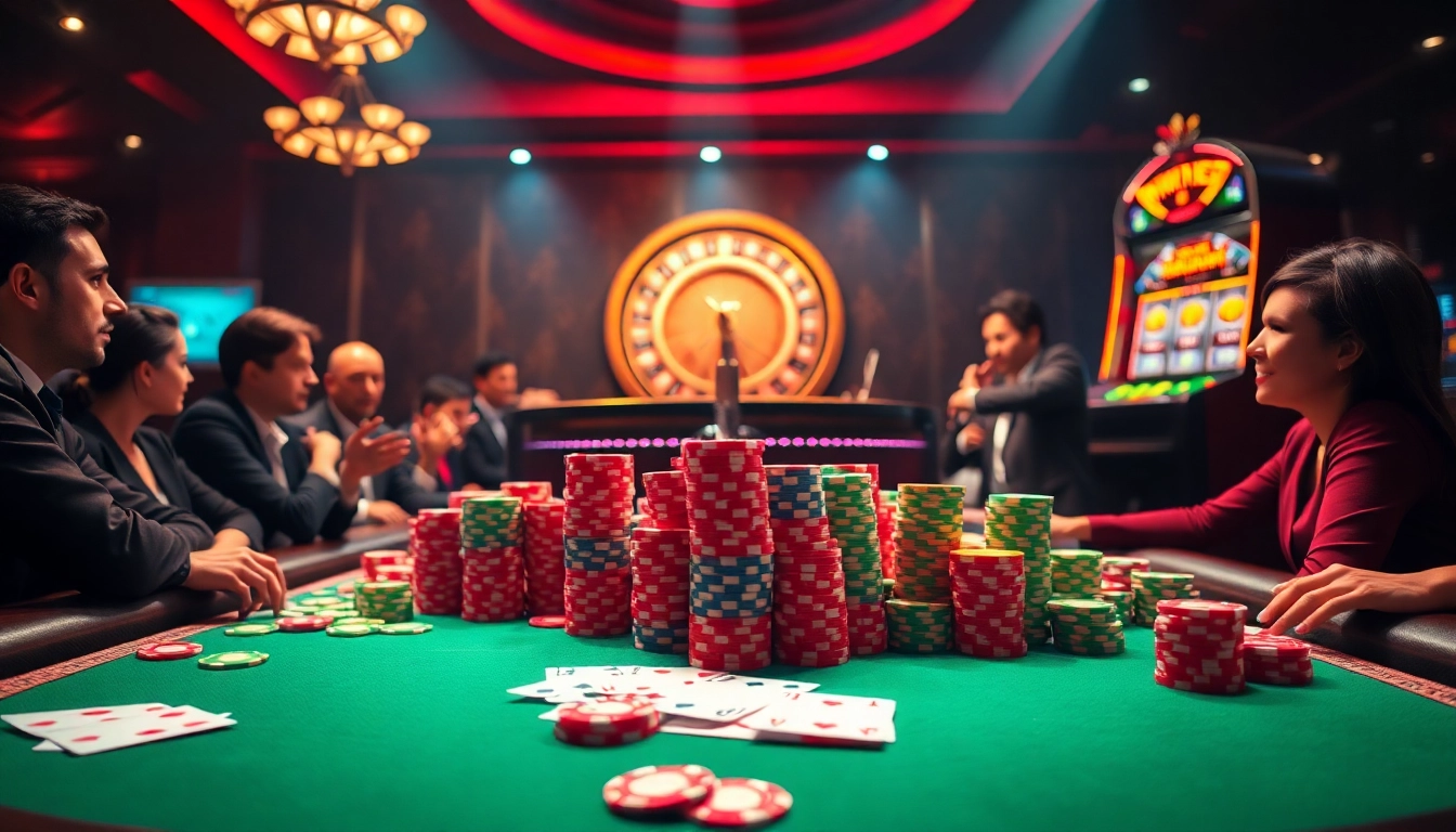 Poker players engage in a thrilling game at https://32win.cool/, surrounded by vibrant casino colors and exciting atmosphere.
