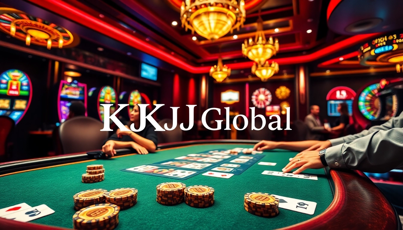 Experience high-stakes poker action at KJC Global's luxurious casino, featuring vibrant gaming elements.