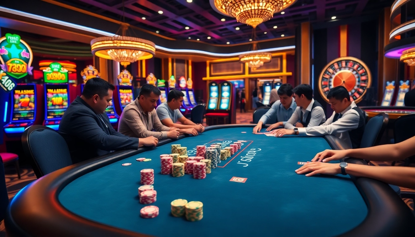 Players enjoying high-stakes poker at XX88 casino, surrounded by vibrant slot machines.