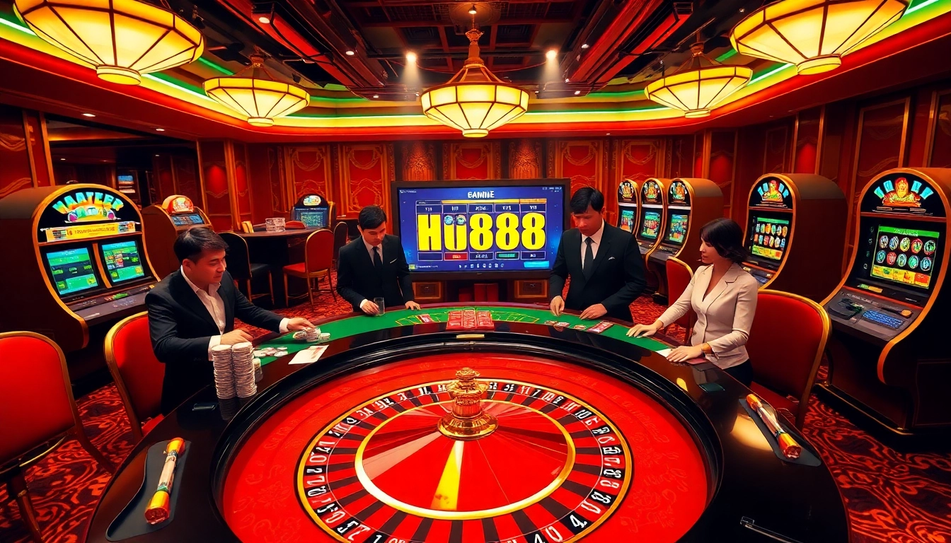 Exciting casino scene featuring gambling enthusiasts and vibrant Hi888 slot machines.