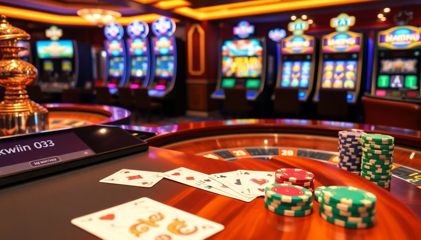 Engaging scene with kkwin 03 showcasing an exciting roulette table and poker chips in a luxurious casino.