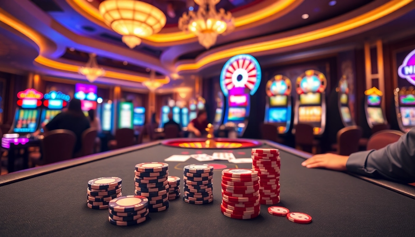Engaging casino scene showcasing the excitement of gambling at https://8kbest.net/ with poker chips and vibrant slot machines.