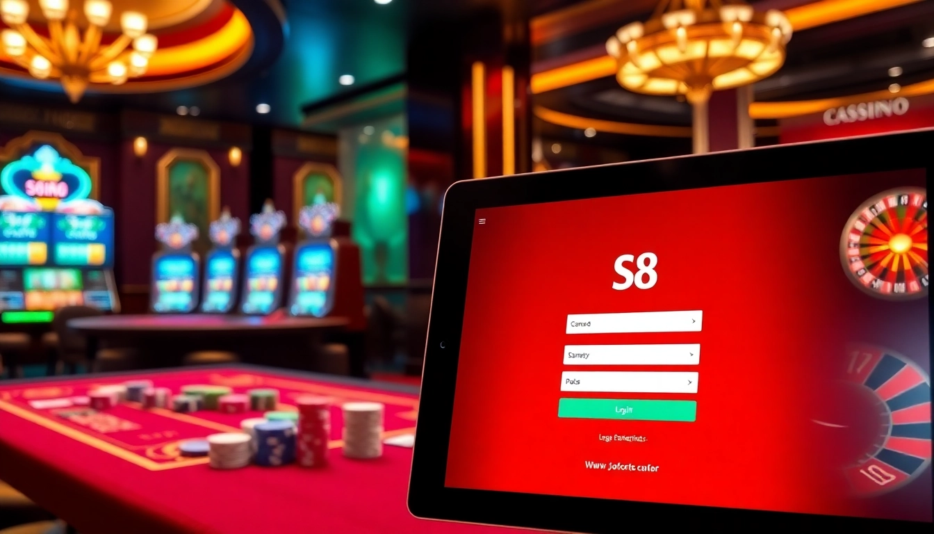 Engage with the s8 login interface surrounded by vibrant casino elements like chips and cards.